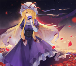 Rule 34 | 1girl, blonde hair, blue flower, blue rose, bow, breasts, collarbone, commentary request, corset, covered mouth, dress, elbow gloves, falken (yutozin), flower, flower over mouth, frilled dress, frills, gloves, hair bow, hair over one eye, hand up, hat, hat ribbon, highres, holding, holding flower, large breasts, long hair, looking at viewer, mob cap, petals, petticoat, puffy short sleeves, puffy sleeves, purple dress, red bow, red ribbon, ribbon, rose, rose petals, short sleeves, sidelocks, solo, standing, touhou, very long hair, white gloves, white hat, yakumo yukari, yellow eyes
