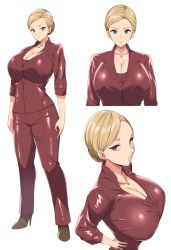 Rule 34 | 1girl, black footwear, blonde hair, blue eyes, breasts, brown jacket, brown pants, cleavage, collarbone, commission, full body, highres, huge breasts, jacket, jewelry, kloah, looking at viewer, multiple views, necklace, open clothes, open jacket, pants, short hair, simple background, skeb commission, standing, t-x, terminator 3: rise of the machines, white background