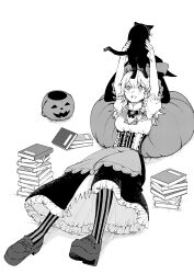 1girl absurdres alternate_costume animal apron blush book bow braid cat commentary corset frilled_skirt frills greyscale hair_bow hat hat_bow highres holding holding_animal holding_cat jack-o&#039;-lantern kirisame_marisa loafers long_hair monochrome okeyadeokya open_mouth pantyhose shoes short_sleeves side_braid single_braid skirt smile solo striped_clothes striped_pantyhose touhou vertical-striped_clothes vertical-striped_pantyhose waist_apron witch_hat