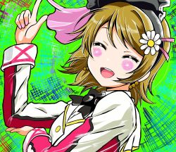 Rule 34 | 1girl, artist name, artist request, black bow, black thighhighs, blush, bow, brown hair, collared shirt, earrings, closed eyes, female focus, flower, hair between eyes, hair flower, hair ornament, hand on elbow, jewelry, koizumi hanayo, long sleeves, looking at viewer, love live!, love live! school idol project, miman0801, nail polish, parted lips, pink nails, shirt, short hair, skirt, solo, sore wa bokutachi no kiseki, thighhighs, white skirt, zettai ryouiki