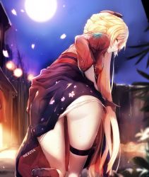 Rule 34 | 1girl, artist name, ass, blonde hair, blurry, blurry background, blush, braid, breasts, floral print, foot up, from behind, full moon, girls&#039; frontline, gloves, high-waist skirt, japanese clothes, kimono, leaning forward, long hair, looking at viewer, moon, nekoya (liu), night, obi, official alternate costume, ots-14 (flurry of petals) (girls&#039; frontline), ots-14 (girls&#039; frontline), outdoors, panties, panty pull, petals, ribbon, sash, sidelocks, skindentation, skirt, solo, thigh strap, underwear, very long hair, wet, white panties, yellow eyes