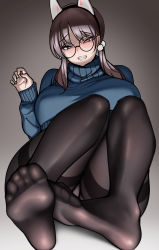 Rule 34 | 1girl, absurdres, animal ears, blue archive, blush, breasts, brown hair, fake animal ears, feet, glasses, grin, hairband, highres, large breasts, long hair, looking at viewer, moe (blue archive), pantyhose, smile, soles, toes, turtleneck