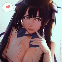 Rule 34 | 10s, 1girl, artist name, blue background, blue eyes, blunt bangs, breasts, brown hair, cleavage, close-up, dress, dungeon ni deai wo motomeru no wa machigatteiru darou ka, expressionless, finger to mouth, gloves, guweiz, heart, hestia (danmachi), large breasts, long hair, realistic, rei no himo, short sleeves, simple background, solo, speech bubble, spoken heart, twintails, upper body, watermark, web address, white dress, white gloves
