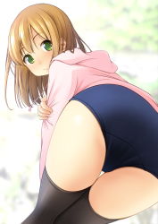 Rule 34 | 1girl, ass, bent over, black thighhighs, blonde hair, blue one-piece swimsuit, blurry, blurry background, blush, closed mouth, commentary request, depth of field, drawstring, from behind, green eyes, highres, hood, hood down, hoodie, long sleeves, looking at viewer, looking back, one-piece swimsuit, original, pink hoodie, school swimsuit, shibacha, solo, swimsuit, swimsuit under clothes, thighhighs