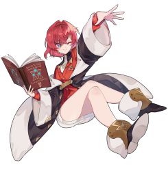 Rule 34 | 1girl, akym, ange katrina, ange katrina (1st costume), blue eyes, book, coat, crossed legs, full body, hair ornament, highres, holding, holding book, long sleeves, magic, nijisanji, off-shoulder coat, off shoulder, one eye closed, open book, outstretched arm, red hair, short hair, simple background, smile, solo, tachi-e, virtual youtuber, white background