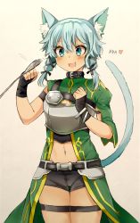Rule 34 | 1girl, :3, animal ears, armor, belt, blue eyes, blue hair, blush, cat ears, cat tail, drawfag, hair between eyes, hair ornament, highres, navel, open mouth, paw pose, simple background, sinon, sinon (sao-alo), smile, solo, sword art online, tail