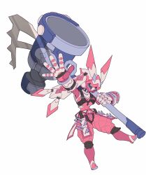Rule 34 | 1girl, absurdres, armor, blue eyes, breasts, catball1994, chest harness, creatures (company), game freak, gloves, hammer, harness, highres, holding, holding weapon, huge weapon, humanization, large breasts, mecha musume, mechanical hands, mechanization, nail, nintendo, no humans, no mouth, pink armor, pink gloves, pliers, pokemon, pokemon (creature), redesign, sitting, solo, standing, standing on one leg, tinkaton, tools, weapon, white background, white gloves