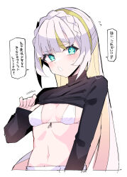 Rule 34 | 1girl, absurdres, aqua eyes, bikini, black sweater, blonde hair, braid, breasts, clothes lift, colored inner hair, commentary request, gradient hair, highres, himiya jouzu, long sleeves, looking at viewer, magia (monster strike), medium breasts, monster strike, multicolored hair, navel, simple background, solo, speech bubble, star-shaped pupils, star (symbol), sweater, sweater lift, swimsuit, symbol-shaped pupils, translation request, turtleneck, turtleneck sweater, two-tone hair, white background, white bikini, white hair