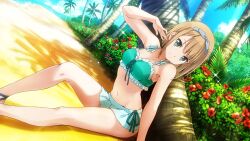 Rule 34 | 1girl, 22/7, 22/7 ongaku no jikan, arm up, beach, bikini, blonde hair, blue hairband, blue ribbon, blue sky, bush, closed mouth, cloud, collarbone, flower, frilled bikini, frills, game cg, green bikini, green eyes, green ribbon, groin, hair ribbon, hairband, highres, knee up, lens flare, light particles, looking at viewer, navel, non-web source, official art, palm tree, red flower, ribbon, ribbon-trimmed bikini, saito nicole, short hair, sitting, sky, smile, solo, sparkle, swimsuit, tree, tree shade