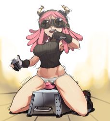 Rule 34 | 10s, 1girl, bad id, bad pixiv id, black gloves, boku no hero academia, boots, breasts, clothed masturbation, controller, crotch rub, fake horns, female focus, female masturbation, female orgasm, full body, gloves, goggles, gradient background, hatsume mei, highres, holding, horned headwear, horns, large breasts, long hair, machine, masturbation, masturbation through clothes, midriff, no pants, open mouth, orgasm, panties, partially fingerless gloves, pink hair, polyle, pussy juice, remote control, sex machine, shoes, sneakers, solo, sweat, symbol-shaped pupils, tank top, thighs, unaligned breasts, underwear, white panties, wooden horse