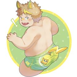 Rule 34 | 1boy, animal ears, animal on ass, arrow (symbol), ass, back, brown hair, butt crack, clothing cutout, creatures (company), cropped legs, dog boy, dog ears, dog tail, game freak, gen 5 pokemon, gen 8 pokemon, green eyes, highres, joltik, kemonomimi mode, looking back, male focus, multicolored hair, nintendo, open mouth, personification, pokemon, short hair, short shorts, shorts, solo, streaked hair, tail, thick arms, thick eyebrows, thick thighs, thighs, tongue, tongue out, topless male, yamper, yunosuke