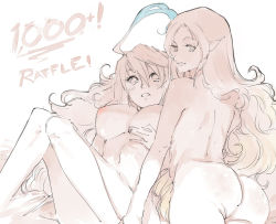 Rule 34 | 2girls, ahoge, ass, bed sheet, breasts, hand on own chest, kenshin187, large breasts, long hair, looking back, lying, milla maxwell, multiple girls, muzet (tales), nipples, pointy ears, shoulder blades, tales of (series), tales of xillia, wavy hair
