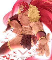 Rule 34 | 1boy, abs, armored skirt, bar censor, bara, beard, biceps, cape, censored, cock ring, erection, facial hair, fate/zero, fate (series), fur cape, highres, iskandar (fate), kalonezhno, large pectorals, leg armor, looking at viewer, magic circle, male focus, manly, mature male, muscular, muscular male, nipples, pectorals, penis, red eyes, red hair, sex toy, simple background, sitting, smirk, solo, spiked hair, spread legs, summoning, tan, teeth, testicles, thick arms, thick eyebrows, thick thighs, thighs, topless male, veins, white background, wristband