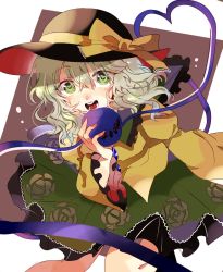 Rule 34 | 1girl, :d, arm at side, black hat, blouse, blush, bow, buttons, commentary, cowboy shot, diamond button, floral print, frilled shirt collar, frilled skirt, frilled sleeves, frills, green eyes, green hair, green skirt, hair between eyes, hand up, hat, hat bow, heart, heart-shaped pupils, heart of string, highres, holding, komeiji koishi, long sleeves, looking at viewer, medium hair, nose blush, open mouth, rose print, satoupote, shirt, skirt, smile, solo, symbol-shaped pupils, teeth, third eye, tongue, touhou, wavy hair, wide sleeves, yellow bow, yellow shirt