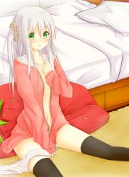 Rule 34 | 1girl, :o, bad id, bad pixiv id, bean bag chair, bed, between legs, blush, breasts, carpet, collarbone, green eyes, hand between legs, hand on own chest, highres, hood, hooded jacket, indoors, jacket, long hair, navel, open clothes, open jacket, open mouth, original, panties, panties around leg, scrunchie, side ponytail, sitting, small breasts, solo, tareme, thighhighs, tsuchikure, underwear, white hair