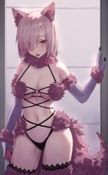 Rule 34 | 1girl, animal ears, breasts, craft essence (fate), elbow gloves, fate/grand order, fate (series), fur-trimmed gloves, fur-trimmed legwear, fur bikini, fur collar, fur trim, gloves, hair over one eye, halloween costume, highres, lace, lace-trimmed legwear, lace trim, light purple hair, looking at viewer, mash kyrielight, mash kyrielight (dangerous beast), medium breasts, o-ring, o-ring top, purple eyes, purple gloves, purple hair, purple tail, purple thighhighs, revealing clothes, short hair, solo, tail, tesin (7aehyun), thighhighs, thighs, wolf ears, wolf tail