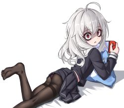 Rule 34 | 1girl, ahoge, ass, black pantyhose, black shirt, black skirt, clothes lift, eha7y, feet, from side, highres, leg up, legs, long hair, looking at viewer, lying, messy hair, nintendo switch, no shoes, on stomach, open mouth, original, panties, panties under pantyhose, pantyhose, pillow, pink panties, playing games, red eyes, school uniform, see-through, serafuku, shaded face, shirt, silver hair, simple background, skirt, skirt lift, soles, solo, thighband pantyhose, thighs, toes, underwear, white background