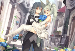 Rule 34 | 2girls, @ @, alternate costume, animal ears, arknights, asicah, balcony, blue eyes, blue flower, blush, bouquet, bow, bowtie, carrying, chair, choker, closed mouth, commentary, dress, elbow gloves, fangs, female focus, flower, gloves, grani (arknights), green hair, grey hair, hair between eyes, high heels, highres, holding, holding bouquet, long hair, looking at viewer, multiple girls, ponytail, princess carry, red eyes, skadi (arknights), standing, table, tail, thighhighs, tuxedo, wedding dress, white dress, white footwear, white gloves, white legwear, wife and wife, yellow flower, yuri