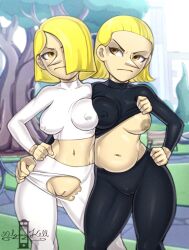 Rule 34 | adventure time, adventure time: fionna and cake, algozhell (lucas mist), angry, artist name, black pants, black shirt, blonde hair, breast press, breasts, cleft of venus, clothes lift, hand on own hip, holding pants, lifting another&#039;s clothes, medium breasts, nipples, one eye covered, pants, park, plump, pointy nose, public indecency, public nudity, pussy, shirt, shirt lift, torn clothes, torn pants, uncensored, watermark, white hair, white pants, yellow eyes