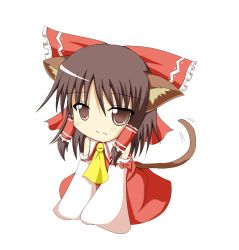 Rule 34 | 1girl, animal ears, brown eyes, brown hair, campbell (pixiv), campbell gichou, cat ears, cat girl, cat tail, detached sleeves, female focus, full body, hakurei reimu, japanese clothes, miko, simple background, solo, tail, touhou, white background