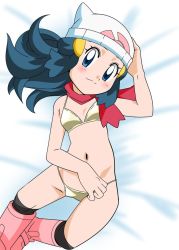 Rule 34 | 1girl, beanie, blue eyes, blue hair, boots, closed mouth, creatures (company), dawn (pokemon), game freak, hainchu, hair ornament, hat, long hair, looking at viewer, navel, nintendo, pink footwear, pokemon, pokemon (anime), pokemon dppt (anime), smile, solo, swimsuit