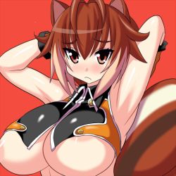 Rule 34 | animal ears, arc system works, blazblue, blazblue: continuum shift, blush, breasts, brown eyes, brown hair, cleavage, frown, konno tohiro, large breasts, lowres, makoto nanaya, tail, underboob