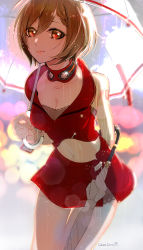 Rule 34 | 1girl, arm behind back, bare shoulders, blurry, bokeh, breasts, brown hair, caracoro, cleavage, collar, collarbone, commentary, cowboy shot, crop top, depth of field, holding, holding umbrella, leaning forward, lipstick, looking at viewer, makeup, medium breasts, meiko (vocaloid), midriff, miniskirt, navel, rain, red eyes, red shirt, red skirt, shirt, short hair, shoulder tattoo, skirt, smile, solo, sparkle, tattoo, transparent, transparent umbrella, umbrella, vocaloid, wrist cuffs
