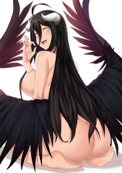 Rule 34 | 1girl, ahoge, albedo (overlord), aori sora, ass, barefoot, black hair, black wings, breasts, demon girl, demon horns, feathered wings, fellatio gesture, from behind, full body, hair between eyes, hair censor, highres, horns, jewelry, large breasts, long hair, looking at viewer, looking back, low wings, nude, open mouth, oral invitation, overlord (maruyama), ring, seiza, sitting, soles, solo, tongue, tongue out, very long hair, wedding band, wings, yellow eyes