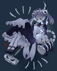 Rule 34 | 1girl, 2018, 770mk, angry, apron, bloody marie (skullgirls), blue background, bow, brooch, dress, exposed bone, fire, floating, frilled apron, frilled dress, frills, grey hair, jewelry, knees up, maid, maid headdress, mary janes, red eyes, ribs, shoes, skullgirls, solo, twintails, vacuum cleaner