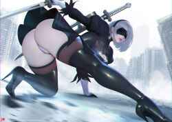 Rule 34 | 1girl, 2b (nier:automata), ass, black blindfold, black gloves, black hairband, blindfold, boots, covered eyes, feather-trimmed sleeves, feather trim, gloves, hairband, high heels, nier:automata, nier (series), paid reward available, puffy sleeves, sade abyss, short hair, skirt, smile, solo, sword, thighhighs, thighhighs under boots, virtuous contract, virtuous treaty, weapon, white hair