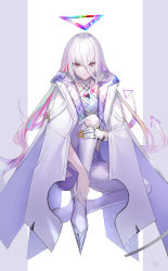 Rule 34 | 1other, androgynous, az (kroneko007), bodysuit, hair between eyes, halo, hand on own leg, highres, hololive, hololive english, jacket, mechanical hands, multicolored hair, omega alpha, rainbow hair, red eyes, silver hair, single mechanical hand, sitting, solo, triangle halo, virtual youtuber, white bodysuit, white jacket