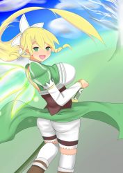 Rule 34 | 10s, 1girl, artist request, ass, blonde hair, braid, breasts, elf, fairy wings, from behind, green eyes, huge breasts, leafa, long hair, looking at viewer, looking back, open mouth, pointy ears, ponytail, puffy sleeves, sheath, sheathed, shorts, sideboob, skirt, smile, sword, sword art online, thighhighs, weapon, wings