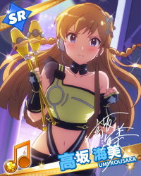 Rule 34 | 10s, 1girl, aqua eyes, blush, brown hair, character name, character signature, crop top, fingerless gloves, gloves, headset, idolmaster, idolmaster million live!, kousaka umi, long hair, looking at viewer, musical note, navel, official art, signature, stage
