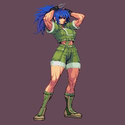 Rule 34 | 1girl, arms behind head, blue eyes, blue hair, boots, brown background, brown gloves, closed mouth, cropped jacket, cross-laced footwear, earrings, fighting stance, gloves, green jacket, green shorts, hair tie, high-waist shorts, high ponytail, jacket, jewelry, lace-up boots, leona heidern, looking at viewer, midriff, military, muscular, muscular female, navel, omegachaino, pixel art, ponytail, shorts, simple background, snk, soldier, solo, the king of fighters, toned, tying hair