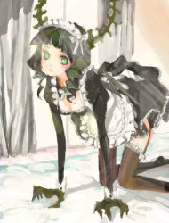 Rule 34 | 10s, 1girl, all fours, apron, bad id, bad pixiv id, black dress, black hair, black rock shooter, blush, curly hair, dead master, dress, female focus, garter straps, green eyes, horns, indoors, long hair, maid, maid apron, solo, thighhighs, tribute (tributism), zettai ryouiki