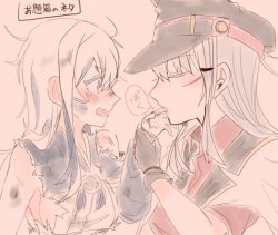 Rule 34 | 2girls, ainu clothes, bad id, bad twitter id, belt, black gloves, blue hair, blush, brown gloves, dress, closed eyes, facial scar, gangut (kancolle), gloves, grey hair, hair between eyes, hair ornament, hairclip, headband, heart, hug, itomugi-kun, jacket, jacket on shoulders, kamoi (kancolle), kantai collection, licking, licking finger, long hair, looking at another, military, military uniform, multicolored hair, multiple girls, naval uniform, no headwear, ponytail, red shirt, remodel (kantai collection), scar, scar on cheek, scar on face, shirt, simple background, torn clothes, translation request, uniform, white hair, yuri