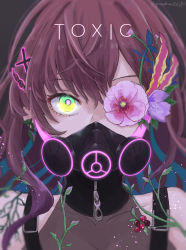 Rule 34 | 1girl, asymmetrical eyewear, bare shoulders, commentary request, covered mouth, detached collar, flower, flower eyepatch, gas mask, green hair, highres, ichinose shiki, idolmaster, idolmaster cinderella girls, idolmaster cinderella girls starlight stage, looking at viewer, mask, multicolored eyes, multicolored hair, neon trim, pine (pineapple5459), plant, portrait, purple hair, solo, suspenders, zipper
