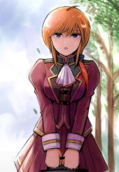 Rule 34 | 1girl, ascot, breasts, commentary request, gacha-m, gundam, gundam zz, jacket, looking at viewer, medium breasts, open mouth, orange hair, original, outdoors, petals, purple eyes, puru four, red jacket, red skirt, skirt, solo, tree, uniform, v arms