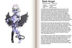 Rule 34 | 1girl, :d, angel, angel wings, bare shoulders, black wings, chain, character profile, colored skin, corruption, dark angel, dark angel (monster girl encyclopedia), demon girl, english text, fallen angel, flat chest, halo, hard-translated, kenkou cross, midriff, monster girl, monster girl encyclopedia, navel, official art, open mouth, petite, purple skin, red eyes, silver hair, smile, tattoo, third-party edit, tongue, translated, wings