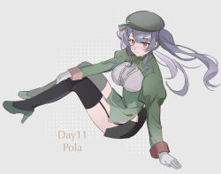 1girl ariko_(aaaaarik) arm_support azur_lane beret black_thighhighs character_name closed_mouth commentary dress floating_hair full_body gloves green_dress green_hat grey_background grey_footwear hat high_heels highres juliet_sleeves long_hair long_sleeves pola_(azur_lane) polka_dot polka_dot_background puffy_sleeves purple_hair red_eyes simple_background sitting smile solo thighhighs white_gloves