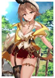 Rule 34 | 1girl, aliasing, atelier (series), atelier ryza, atelier ryza 2, belt, beret, blue sky, boots, braid, breasts, brown belt, brown eyes, brown hair, brown legwear, cleavage, collarbone, commentary, hair ornament, hat, jewelry, key, key necklace, large breasts, looking at viewer, musicatopos, necklace, open mouth, outside border, red shorts, reisalin stout, short hair, short shorts, shorts, side braid, sky, smile, star (symbol), teeth, thighs, tree, upper teeth only, white hat, white legwear