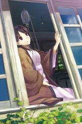 Rule 34 | 1girl, black hair, cloud, day, hidebo, highres, intravenous drip, ivy, japanese clothes, looking outside, original, red eyes, reflection, sitting, sky, solo, window, windowsill