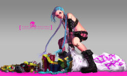 Rule 34 | 1girl, blue hair, boots, braid, christmas, gift, gloves, hairline, highres, jinx (league of legends), league of legends, leng, long hair, red eyes