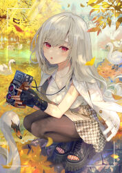Rule 34 | 1girl, :o, animal, autumn leaves, bird, black footwear, black gloves, blush, breasts, brown pantyhose, camera, cleavage, commentary, english commentary, fingerless gloves, full body, gloves, greek toe, grey hair, grey nails, grey skirt, high-waist skirt, highres, holding, holding camera, ito lab, lake, large breasts, long hair, looking at viewer, nail polish, open mouth, original, outdoors, pantyhose, red eyes, shirt, skirt, squatting, swan, toenail polish, toenails, toes, viewfinder, wavy hair, white shirt