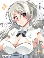 Rule 34 | 1girl, akichin (atelier baguri), breasts, brown eyes, cleavage, cleavage cutout, clothing cutout, conte di cavour (kancolle), conte di cavour nuovo (kancolle), dress, kantai collection, large breasts, long hair, musical note, silver hair, sleeveless, sleeveless dress, smile, solo, speech bubble, spoken musical note, translated, two side up, upper body, white dress