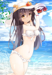 Rule 34 | 10s, 1girl, arm up, bikini, black hair, blue sky, brown eyes, closed mouth, commentary request, day, frilled bikini, frills, hair between eyes, hair ornament, hairclip, haruna (kancolle), highres, kantai collection, leaning forward, long hair, looking at viewer, navel, niruanu (nitayam), ocean, outdoors, sky, solo, stomach, sunglasses, swimsuit, white bikini
