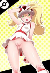 Rule 34 | 10s, 1girl, :o, ass, bare shoulders, bicycle helmet, biker clothes, blonde hair, blush, breasts, cleft of venus, clothes lift, creatures (company), female focus, fingerless gloves, from below, game freak, gloves, green eyes, gym leader, helmet, korrina (pokemon), looking at viewer, matanonki, miniskirt, nintendo, no panties, nude filter, open mouth, poke ball, poke ball (basic), poke ball symbol, pokemon, pokemon xy, skirt, skirt lift, small breasts, solo, third-party edit, twintails, two side up, uncensored