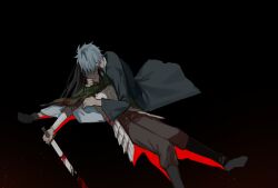 Rule 34 | 2boys, armor, black coat, black footwear, black hair, blood, blood on clothes, bloody weapon, boots, brown pants, cape, character request, chinese commentary, coat, commentary request, copyright request, green cape, grey hair, highres, holding, holding sword, holding weapon, kyoko (akakikyoko), long hair, long sleeves, male focus, multiple boys, pants, short hair, sword, weapon, white armor