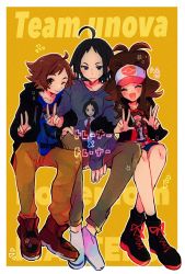 Rule 34 | 1girl, 2boys, :d, ahoge, alternate costume, black footwear, black hair, black jacket, black legwear, blush, boots, brown eyes, brown hair, brown pants, character print, cheren (pokemon), closed eyes, closed mouth, commentary, creatures (company), double v, eyelashes, game freak, highres, hilbert (pokemon), hilda (pokemon), invisible chair, jacket, misha (ohds101), multiple boys, nintendo, open clothes, open jacket, open mouth, outline, pants, pokemon, pokemon bw, short hair, sitting, smile, socks, sweatdrop, tongue, v