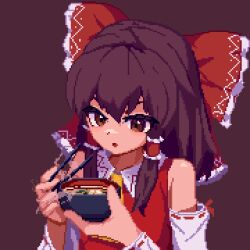 Rule 34 | 1girl, ascot, bare shoulders, bow, bowl, brodall pixel, brown background, brown eyes, brown hair, chopsticks, collared shirt, detached sleeves, food, food request, hair between eyes, hair bow, hair tubes, hakurei reimu, hands up, holding, holding bowl, holding chopsticks, long sleeves, looking at food, medium hair, parted lips, pixel art, red bow, red shirt, ribbon-trimmed sleeves, ribbon trim, shirt, sidelocks, simple background, sleeveless, sleeveless shirt, solo, soup, steam, touhou, upper body, white sleeves, yellow ascot